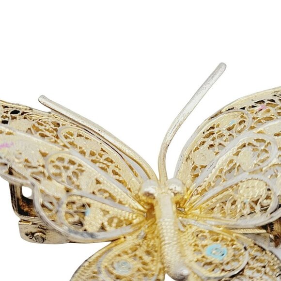 Vtg Filigree Sterling Silver W/ Gold Vermeil Butterfly Brooch Delicate Ornate - Picture 3 of 8